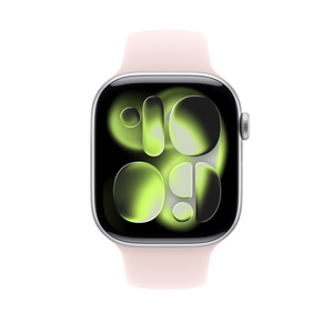 Apple Watch paired with Sport Band, soft pink color, fluoroelastomer rubber material