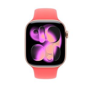 불화탄성중합체 고무 소재의 브라이트 구아바(핫 핑크) 색상 스포츠 밴드와 페어링된 Apple Watch
