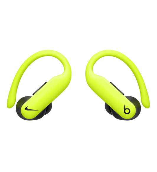 黑配荧光黄色 Powerbeats Pro 2 无线耳机，具有灵活可调、稳固贴合的耳挂以及自带按钮和触感音量按钮。