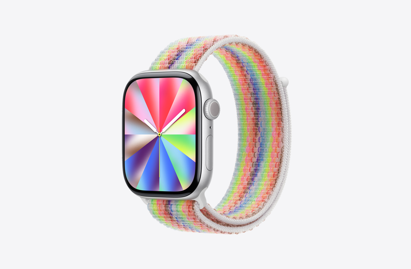 Sport Loop band, special edition, Pride color (multicolored wavy pattern), nylon weave textile material, hook-and-loop fastener, paired with Apple Watch