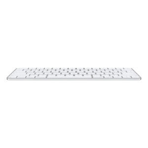 Magic Keyboard front showing thinness, white keys, silver aluminium structure, full-height function keys, half-height up and down arrow keys