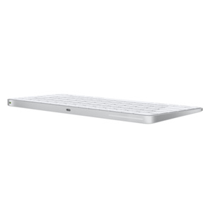 Magic Keyboard back with power switch and USB-C charging port, silver aluminium structure, white keys