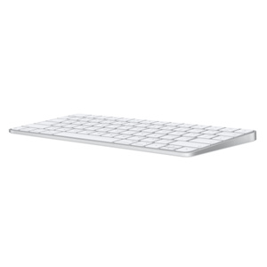 Magic Keyboard, white keys, silver aluminium structure, angle showing slight slope of keyboard