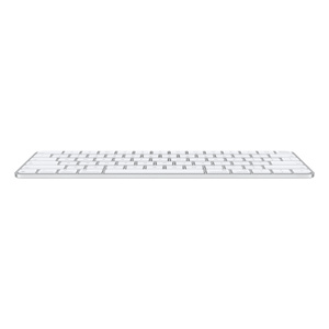 Magic Keyboard with Touch ID, front showing thinness, white keys, silver aluminium structure, full-height function keys, half-height up and down arrow keys