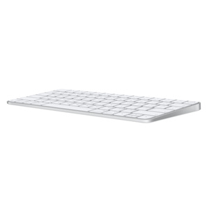Magic Keyboard with Touch ID, white keys, silver aluminium structure, angled view showing slight slope of keyboard