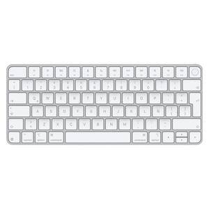 Magic Keyboard con Touch ID, teclas blancas, estructura de aluminio color plata, sensor Touch ID redondo, teclas de función de tamaño estándar y teclas de flecha arriba y abajo medianas