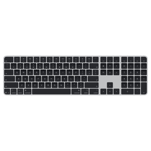 Magic Keyboard with Touch ID and Numeric Keypad, black keys, silver aluminium structure, round Touch ID sensor, full-height function keys