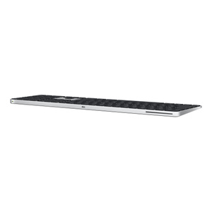 Magic Keyboard with Touch ID and Numeric Keypad, back with power switch and USB-C charging port, black keys, silver aluminium structure, round Touch ID sensor
