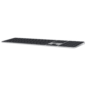 Magic Keyboard with Touch ID and Numeric Keypad, angle showing slight slope of keyboard, black keys, silver aluminium structure, round Touch ID sensor, full-height function keys, half-height up and down arrow keys