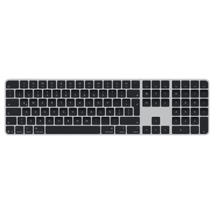 Magic Keyboard con Touch ID y teclado numérico, teclas negras, estructura de aluminio color plata, sensor Touch ID redondo y teclas de función de tamaño estándar