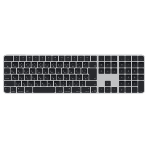 Touch IDを搭載しテンキーがついたMagic Keyboard、ブラックキー、シルバーアルミニウム製の枠組み、円形のTouch IDセンサー、フルハイトのファンクションキー