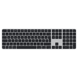 Magic Keyboard avec Touch ID et pavé numérique, touches noires, structure en aluminium argent, capteur Touch ID circulaire, touches de fonction pleine grandeur