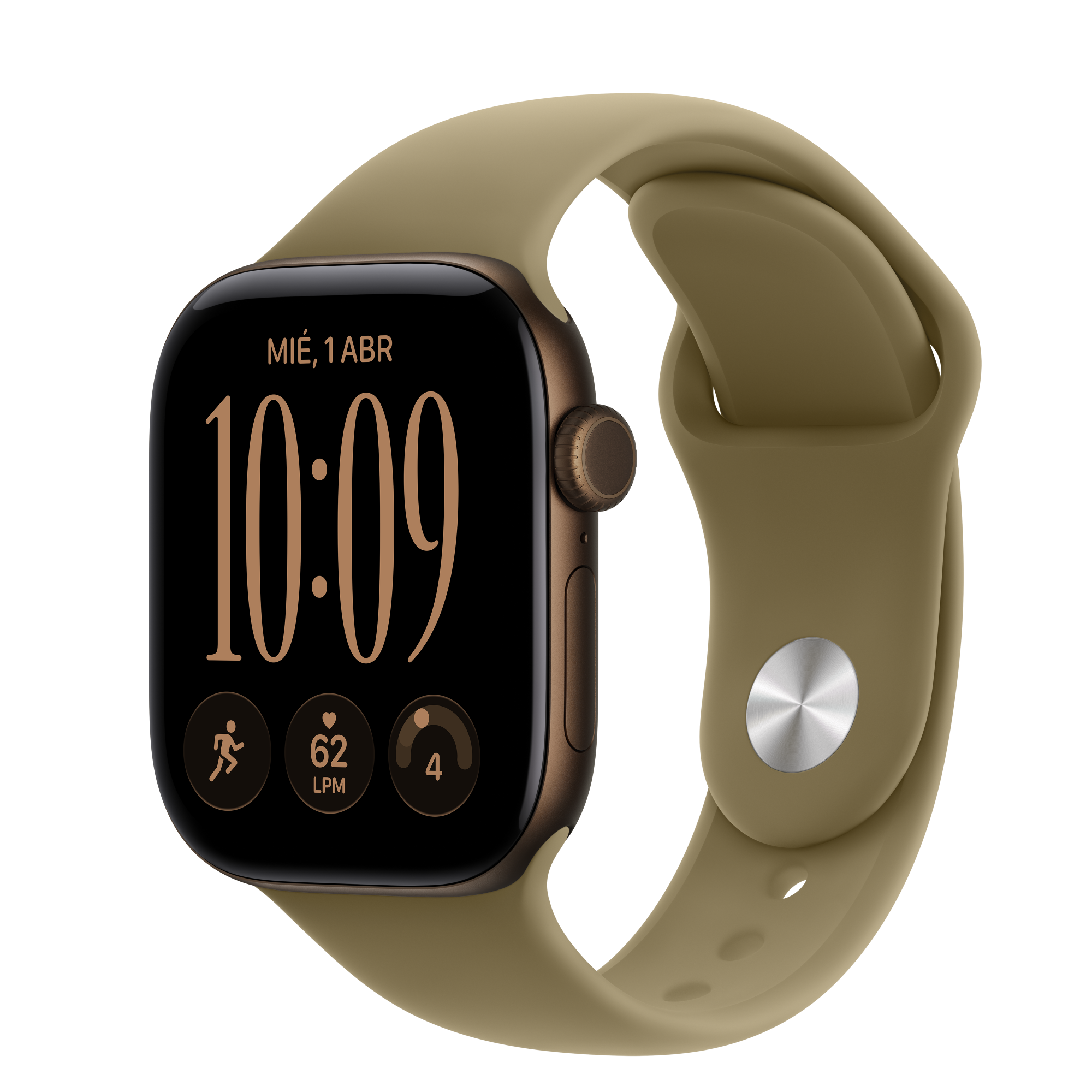 Apple watch series 12 gps caja de aluminio bronce 46mm, correa deportiva verde oliva talla m/l