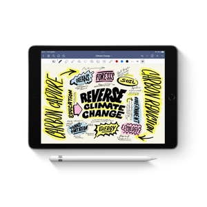 Apple Pencil 摆在一部 iPad 前方，iPad 屏幕上显示一张图片。