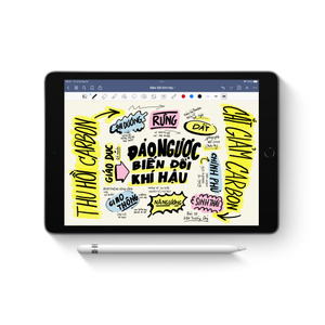 Apple Pencil ở phía trước iPad có hình ảnh trên màn hình.