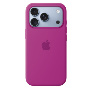 iPhone 18 Pro Silicone Case with MagSafe in magenta colour (medium purplish-red), back exterior, embedded Apple logo in centre, attached to iPhone 18 Pro in glacier colour (light blue), visible through camera cutout