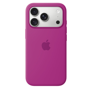 iPhone 18 Pro Silicone Case with MagSafe in magenta colour (medium purplish-red), back exterior, embedded Apple logo in centre, attached to iPhone 18 Pro in silver colour, visible through camera cutout