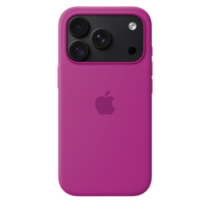 iPhone 18 Pro Silicone Case with MagSafe in magenta colour (medium purplish-red), back exterior, embedded Apple logo in centre, attached to iPhone 18 Pro in black colour, visible through camera cutout