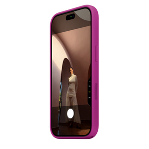 iPhone 18 Pro Silicone Case with MagSafe in magenta colour (medium purplish-red), side exterior, case covers all outer edges, raised silicone side button and flush Camera Control button, Camera app on screen, Camera Control button active