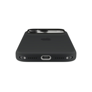 iPhone 18 Pro Silicone Case with MagSafe in black colour, attached to iPhone 18 Pro in silver colour, bottom exterior, Crossbody Strap and Wrist Strap attachment holes on left and right side