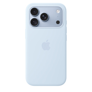 クリスプブルー（ライトブルー）のMagSafe対応iPhone 18 Proシリコーンケースの背面の外観。中央にAppleのロゴ。グレイシャー（ライトブルー）のiPhone 18 Proに取りつけられており、カメラの開口部からiPhoneの一部が見える