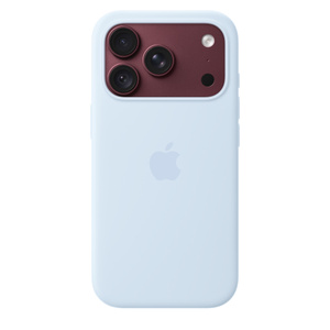 Coque en silicone bleu lumineux (bleu clair) avec MagSafe pour iPhone 18 Pro, face arrière, logo Apple intégré au centre, fixée à un iPhone 18 Pro bordeaux (rouge foncé), visible à travers la découpe pour les caméras