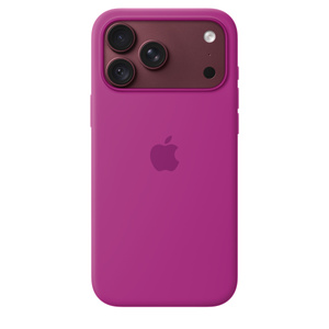 マゼンタ（中程度の紫がかった赤）のMagSafe対応iPhone 18 Pro Maxシリコーンケースの背面の外観。中央にAppleのロゴ。バーガンディ（ダークレッド）のiPhone 18 Pro Maxに取りつけられており、カメラの開口部からiPhoneの一部が見える
