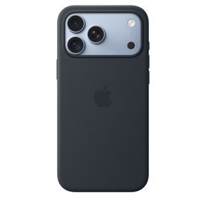iPhone 18 Pro Max Silicone Case with MagSafe in navy blue color (dark blue), back exterior, embedded Apple logo in center, attached to iPhone 18 Pro Max in glacier color (light blue), visible through camera cutout