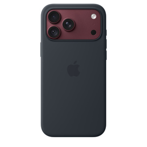 iPhone 18 Pro Max Silicone Case with MagSafe in navy blue color (dark blue), back exterior, embedded Apple logo in center, attached to iPhone 18 Pro Max in burgundy color (dark red), visible through camera cutout