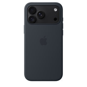 iPhone 18 Pro Max Silicone Case with MagSafe in navy blue color (dark blue), back exterior, embedded Apple logo in center, attached to iPhone 18 Pro Max in black color, visible through camera cutout