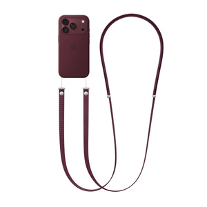 Crossbody Strap, burgundy colour (dark red), attached to bottom left and right of iPhone 18 Pro Silicone Case and iPhone 18 Pro in matching colour