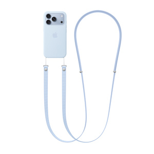 Crossbody Strap, crisp blue colour (light blue), attached to bottom left and right of iPhone 18 Pro Silicone Case in matching colour and iPhone 18 Pro in glacier (light blue)