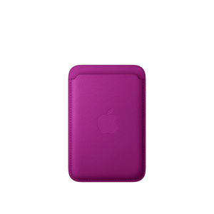 マゼンタ（中程度の紫がかった赤）のMagSafe対応iPhoneファインウーブンウォレットの背面の外観。上部にカードスロットがあり、中央にAppleのロゴが入っている。エッジに沿ってステッチが施されている