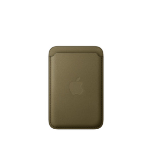 iPhone FineWoven Wallet with MagSafe, olive color (dark yellowish-green), back exterior, card slot at top, embedded Apple logo in the center, stitching along the edges
