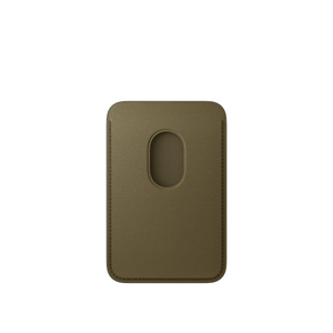iPhone FineWoven Wallet with MagSafe, olive color (dark yellowish-green), interior, cylindrical cutout reveals inside card slot, stitching along the edges