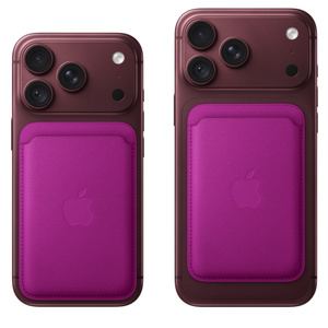 iPhone FineWoven Wallet with MagSafe in magenta color (medium purplish-red), attached to iPhone 18 Pro and iPhone 18 Pro Max in burgundy color (dark red), centered below Pro camera system, spans to left, right, and bottom edge