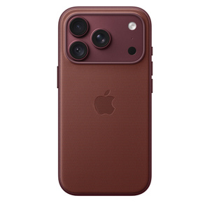 iPhone 18 Pro TechWoven Case with MagSafe in burgundy color (dark red), back exterior, embedded Apple logo in center, attached to iPhone 18 Pro in burgundy color (dark red), visible through camera cutout