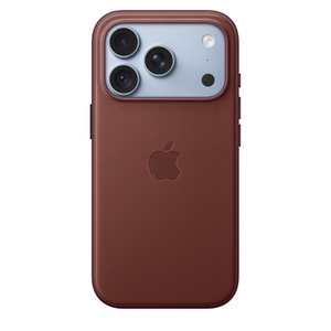 iPhone 18 Pro TechWoven Case with MagSafe in burgundy color (dark red), back exterior, embedded Apple logo in center, attached to iPhone 18 Pro in glacier color (light blue), visible through camera cutout