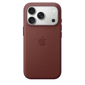 iPhone 18 Pro TechWoven Case with MagSafe in burgundy color (dark red), back exterior, embedded Apple logo in center, attached to iPhone 18 Pro in silver color, visible through camera cutout
