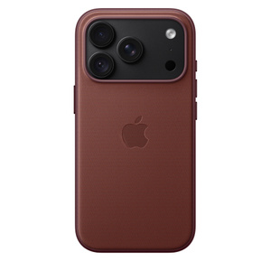 iPhone 18 Pro TechWoven Case with MagSafe in burgundy color (dark red), back exterior, embedded Apple logo in center, attached to iPhone 18 Pro in black color, visible through camera cutout