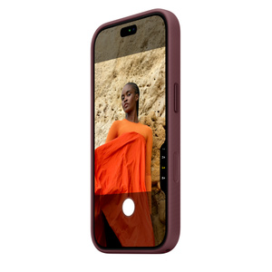 iPhone 18 Pro TechWoven Case with MagSafe in burgundy color (dark red), side exterior, case covers all outer edges, raised side button and flush Camera Control button