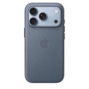 シャンブレーブルー（青みがかったグレイ）のMagSafe対応iPhone 18 Proテックウーブンケースの背面の外観。中央にAppleのロゴ。グレイシャー（ライトブルー）のiPhone 18 Proに取りつけられており、カメラの開口部からiPhoneの一部が見える