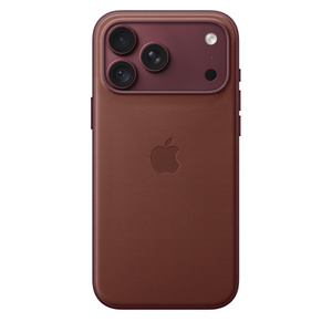 バーガンディ（ダークレッド）のMagSafe対応iPhone 18 Pro Maxテックウーブンケースの背面の外観。中央にAppleのロゴ。バーガンディ（ダークレッド）のiPhone 18 Pro Maxに取りつけられており、カメラの開口部からiPhoneの一部が見える