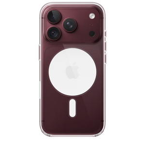 iPhone 18 Pro Clear Case with MagSafe, back exterior, attached to iPhone 18 Pro in burgundy color (dark red), solid white MagSafe circle with gray Apple logo in center, camera cutout