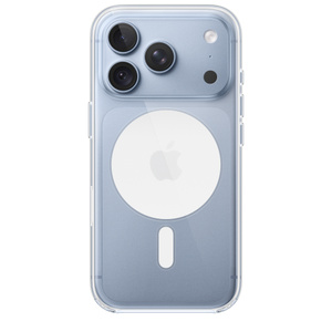 iPhone 18 Pro Clear Case with MagSafe, back exterior, attached to iPhone 18 Pro in glacier color (light blue), solid white MagSafe circle with gray Apple logo in center, camera cutout