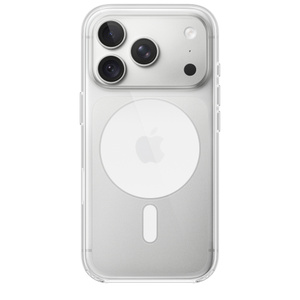 iPhone 18 Pro Clear Case with MagSafe, back exterior, attached to iPhone 18 Pro in silver color, solid white MagSafe circle with gray Apple logo in center, camera cutout