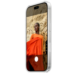 iPhone 18 Pro Clear Case with MagSafe, side exterior, case covers top and side edges, raised side button and flush Camera Control button, exposed bottom edge, Camera app on screen, Camera Control button active, Crossbody Strap and Wrist Strap attachment holes on bottom