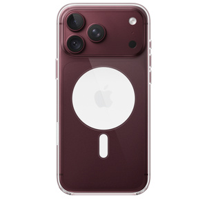 Una custodia MagSafe trasparente per iPhone 18 Pro Max mostrata da dietro, agganciata a un iPhone 18 Pro Max borgogna (rosso scuro), anello MagSafe bianco al centro intorno al logo Apple, apertura per le fotocamere