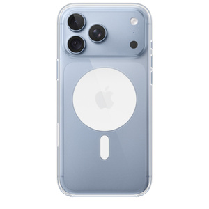 Una custodia MagSafe trasparente per iPhone 18 Pro Max mostrata da dietro, agganciata a un iPhone 18 Pro Max ghiacciaio (azzurro), anello MagSafe bianco al centro intorno al logo Apple, apertura per le fotocamere