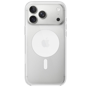 Una custodia MagSafe trasparente per iPhone 18 Pro Max mostrata da dietro, agganciata a un iPhone 18 Pro Max color argento, anello MagSafe bianco al centro intorno al logo Apple, apertura per le fotocamere